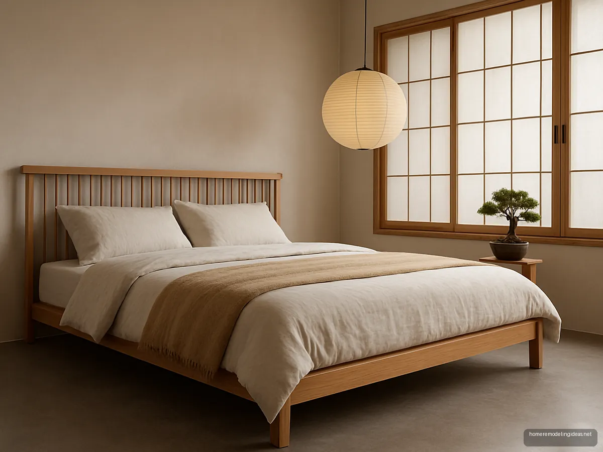 Low white oak Japandi platform bed with slatted headboard and paper lantern pendant