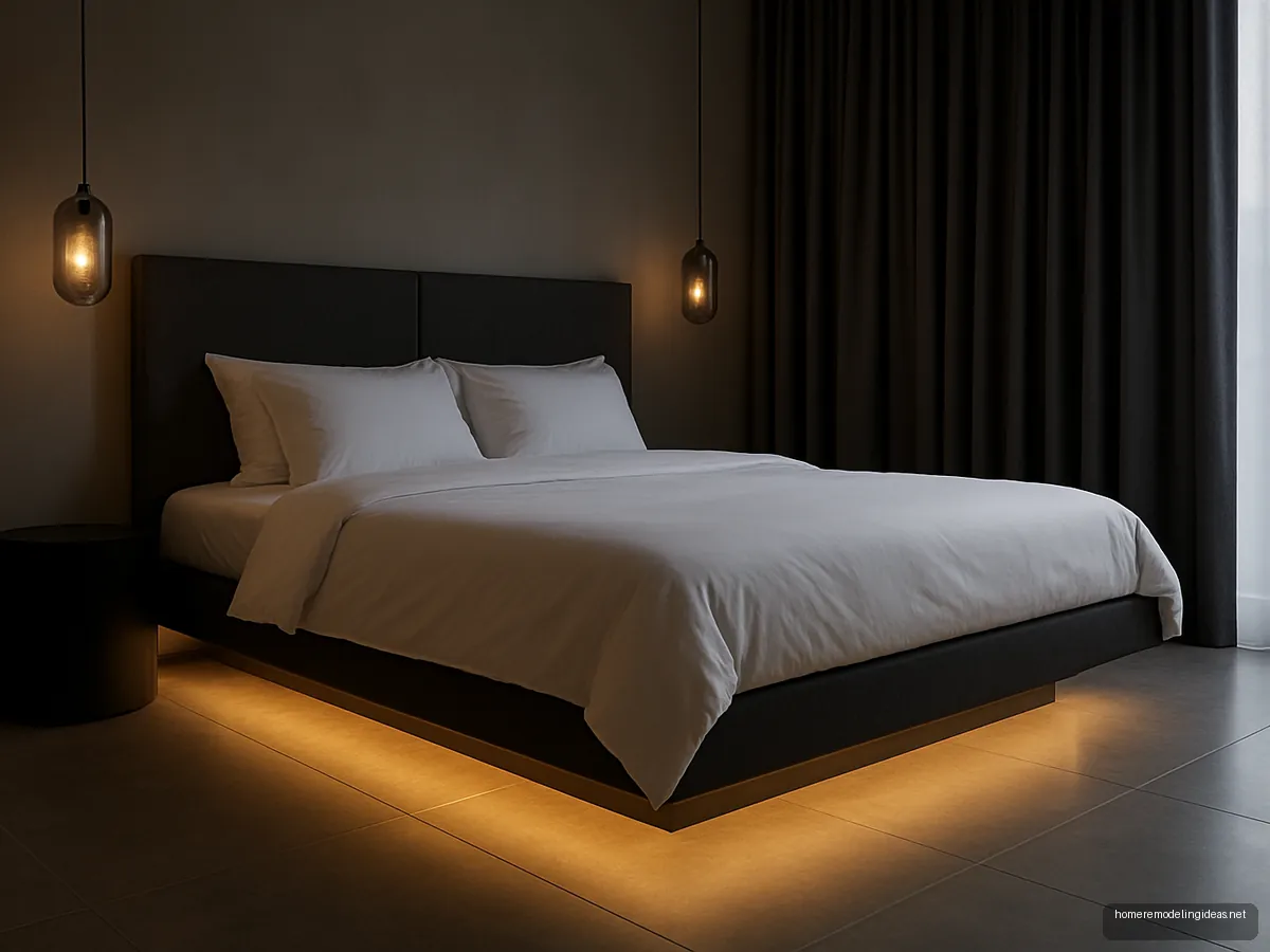 Floating king bed with warm LED underglow, charcoal headboard and concrete-look floor at night