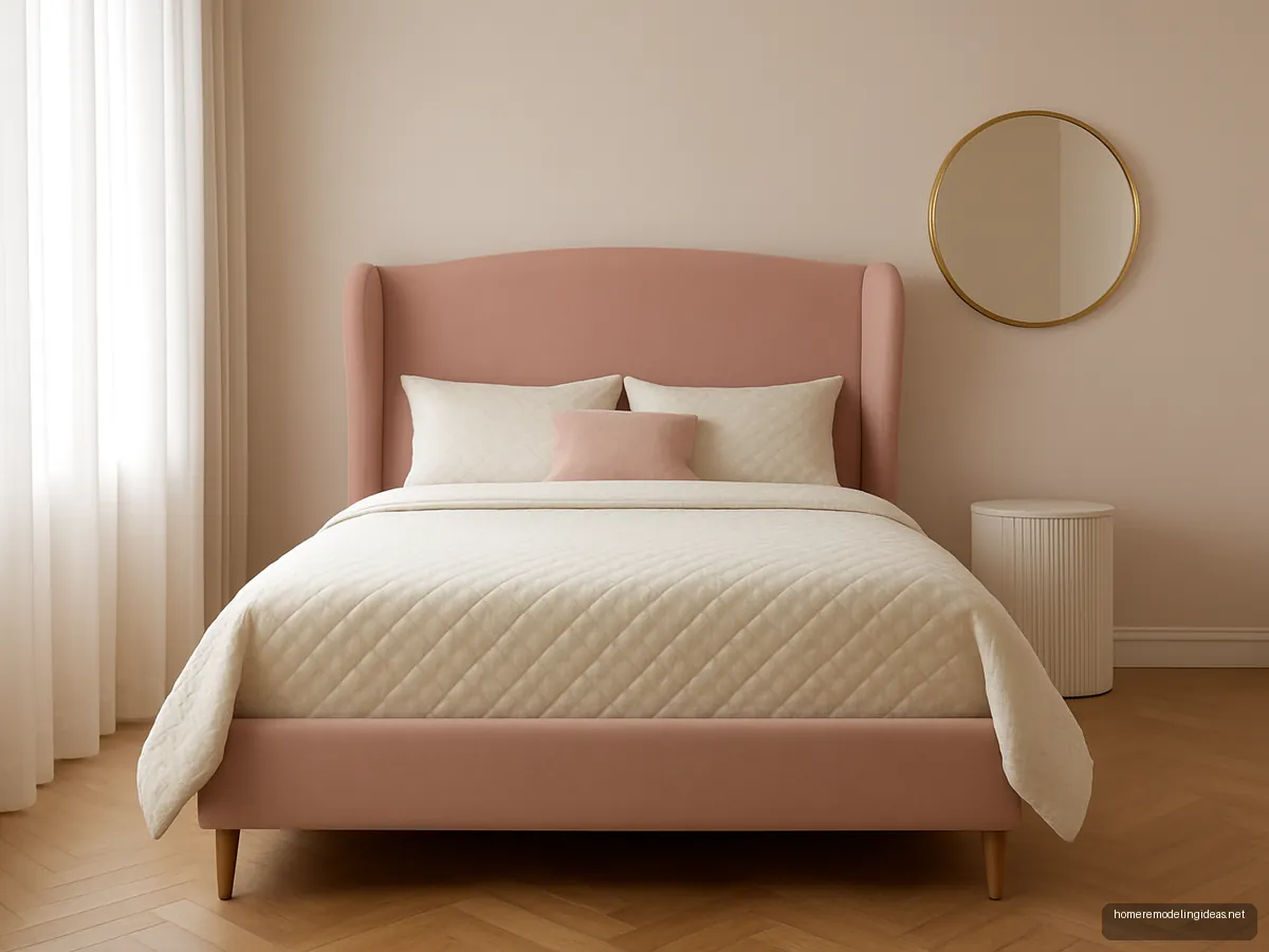Blush pink velvet wingback upholstered bed with ivory quilt and fluted white side table