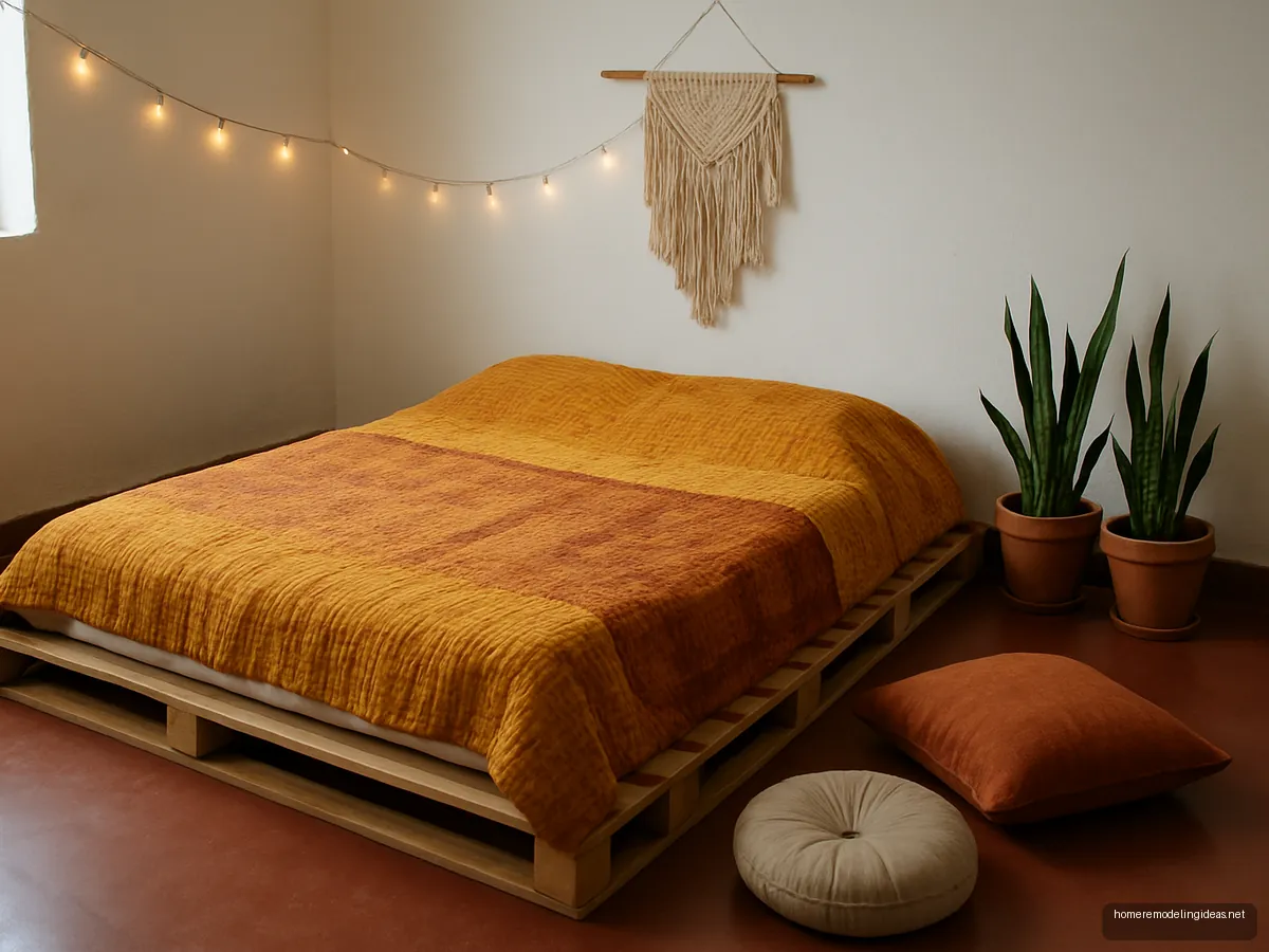 Low pallet floor bed with kantha quilt, macrame hanging and plants in a rented studio