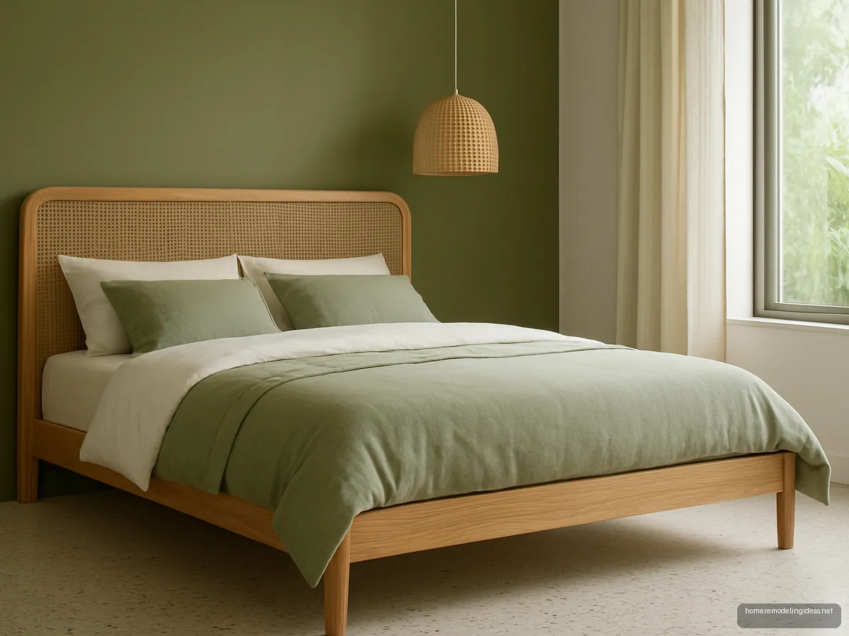 Ash wood bed with cane headboard insert against an olive green wall in a Goa bedroom