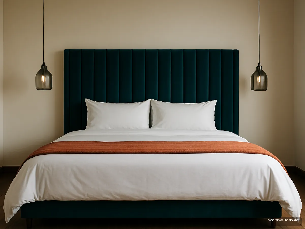 Tall teal channel-tufted headboard on a king bed with copper throw and smoked glass pendants