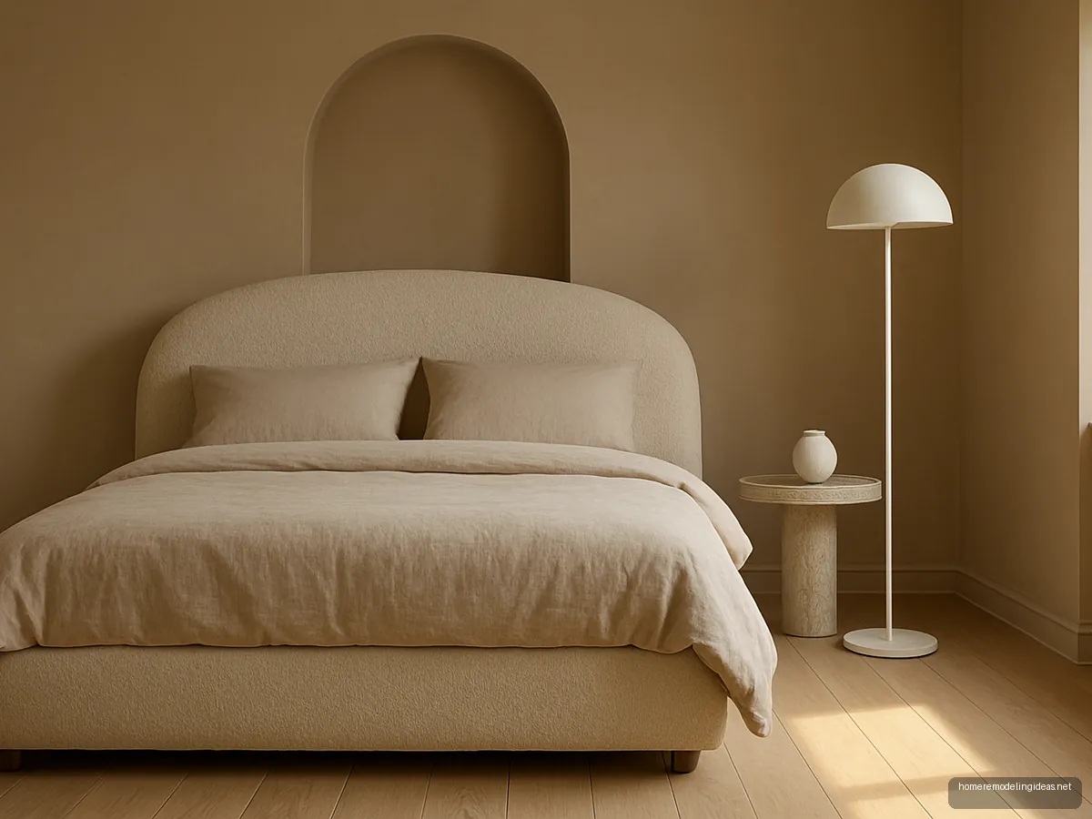 Cream boucle bed with rounded headboard beside a travertine side table and arched niche