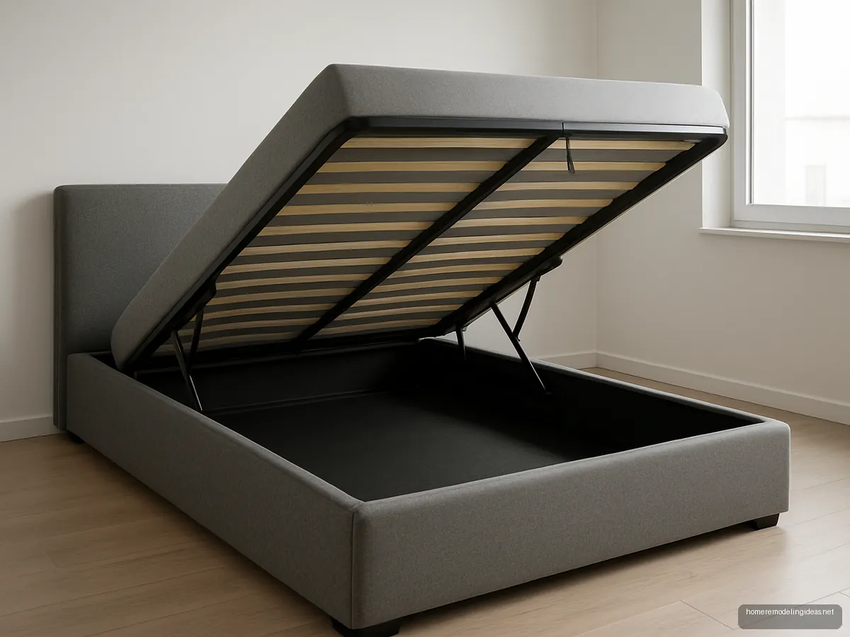 Modern grey fabric bed with hydraulic platform raised showing the storage space below