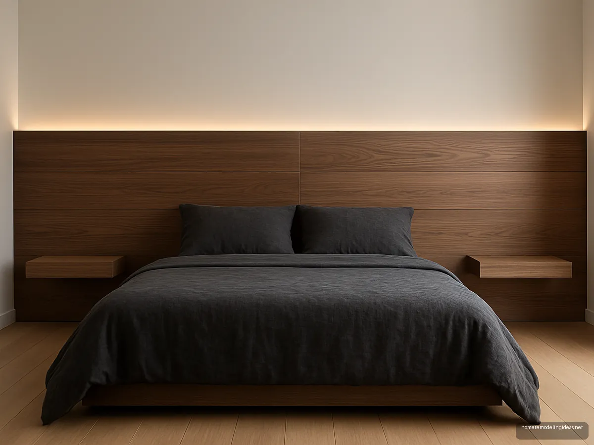 Full-width smoked oak wall panel serving as headboard with built-in side shelves and LED