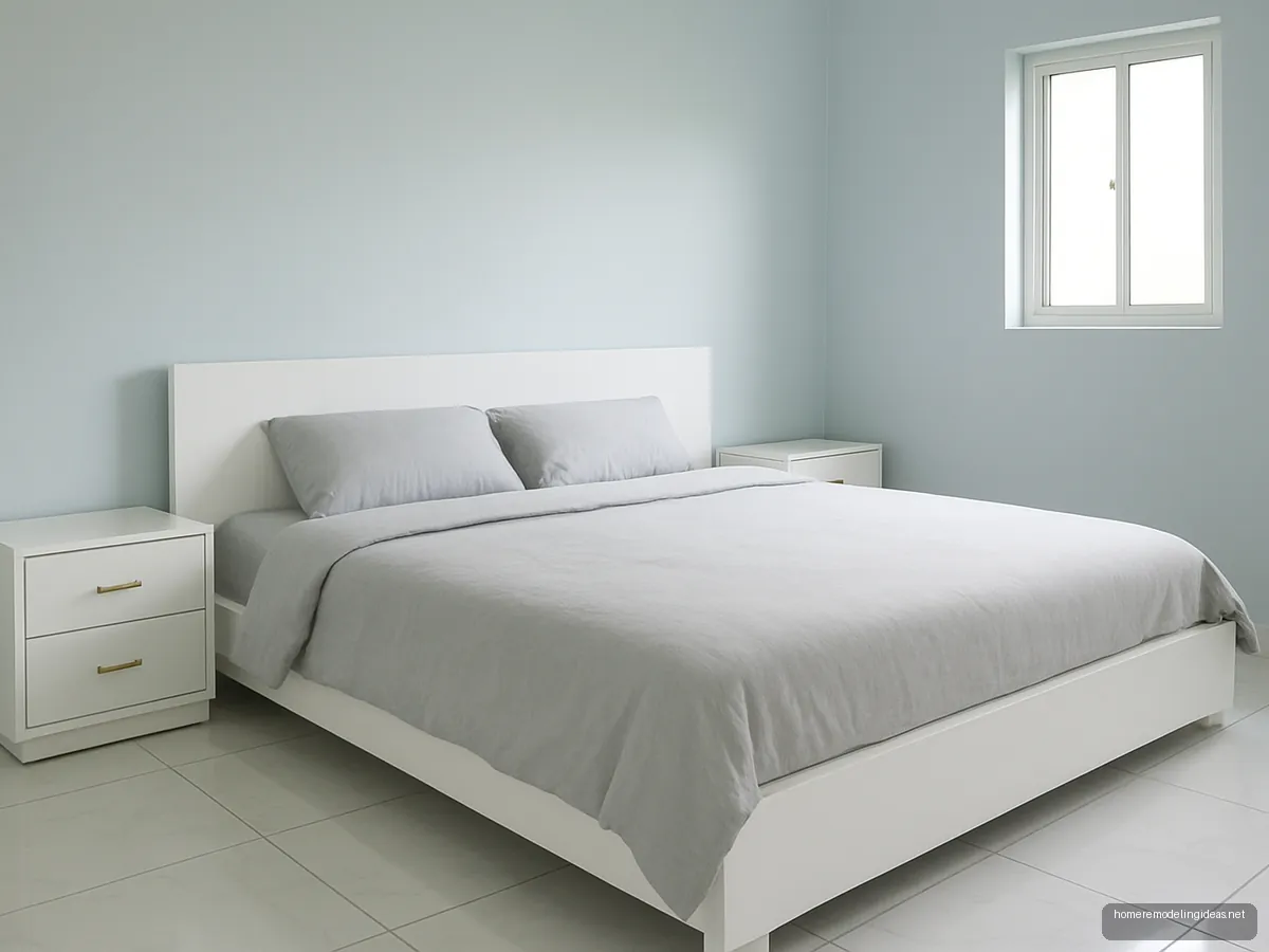 Glossy white lacquer bed with pale grey bedspread against light blue walls