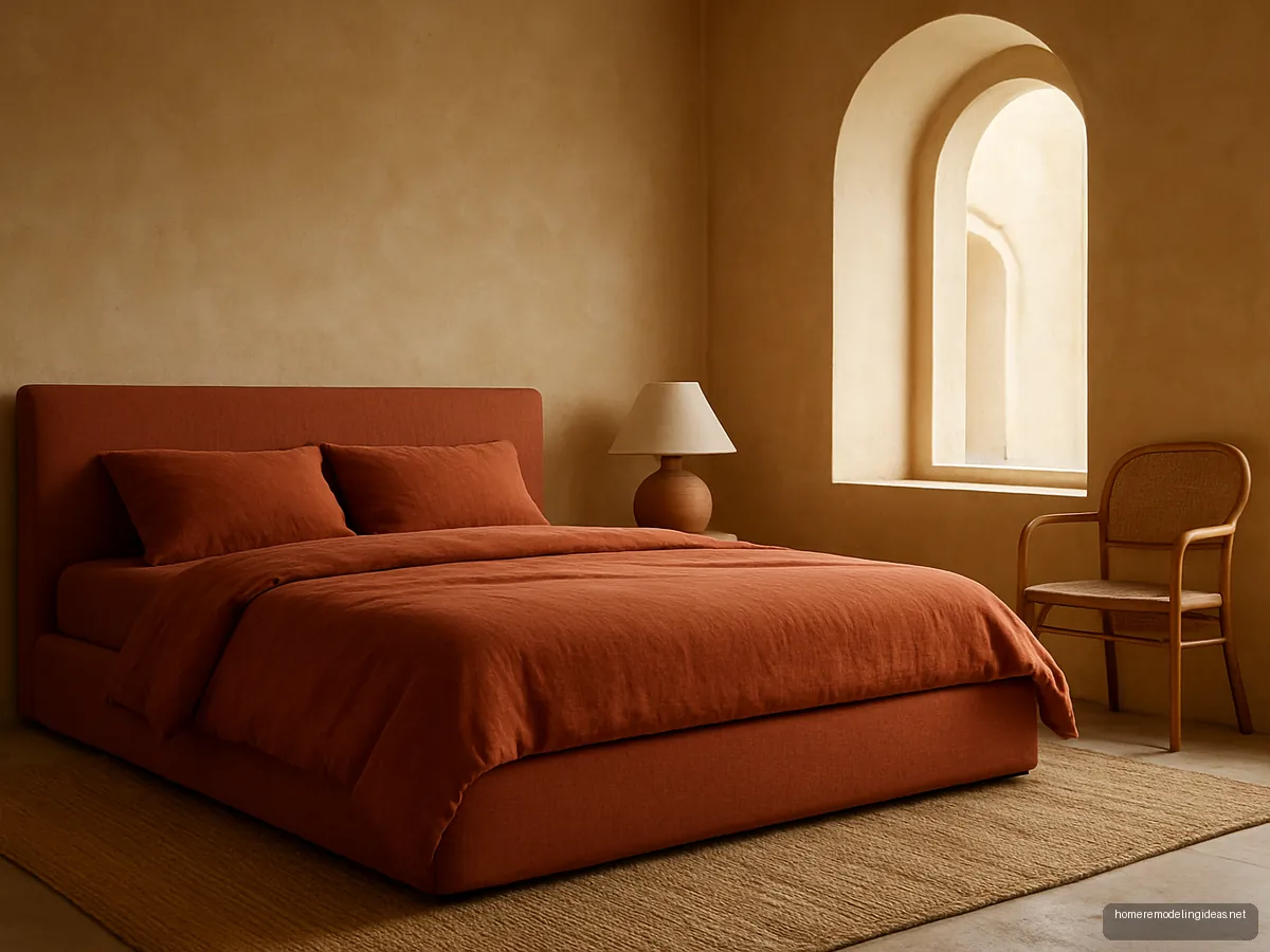 Low terracotta linen upholstered bed with clay tones, jute rug and limewash walls