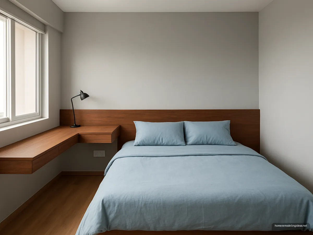 Walnut headboard extending into a floating study desk beside a queen bed in blue bedding