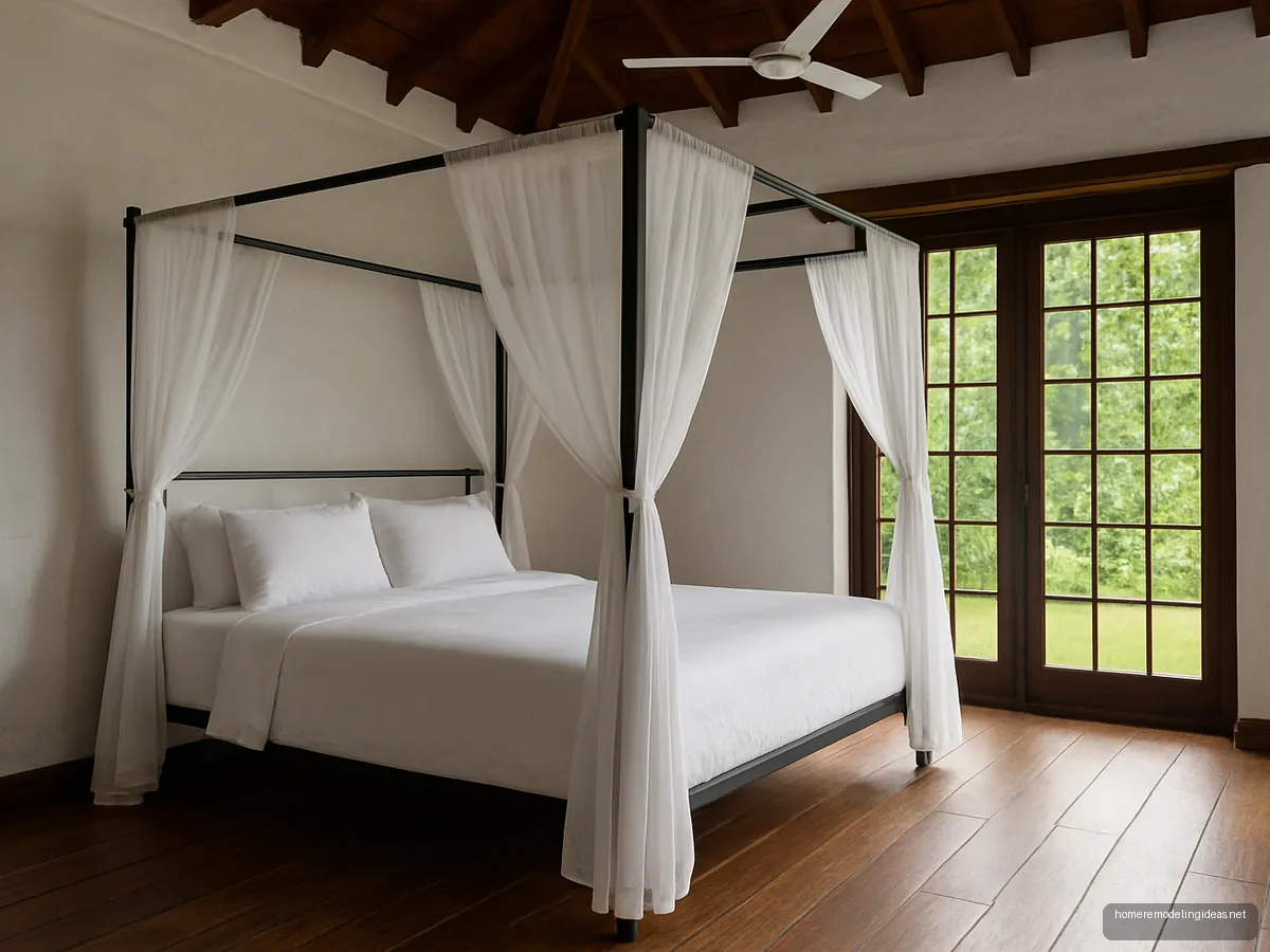 Slim black four poster bed with sheer drapes in a high-ceiling bungalow bedroom