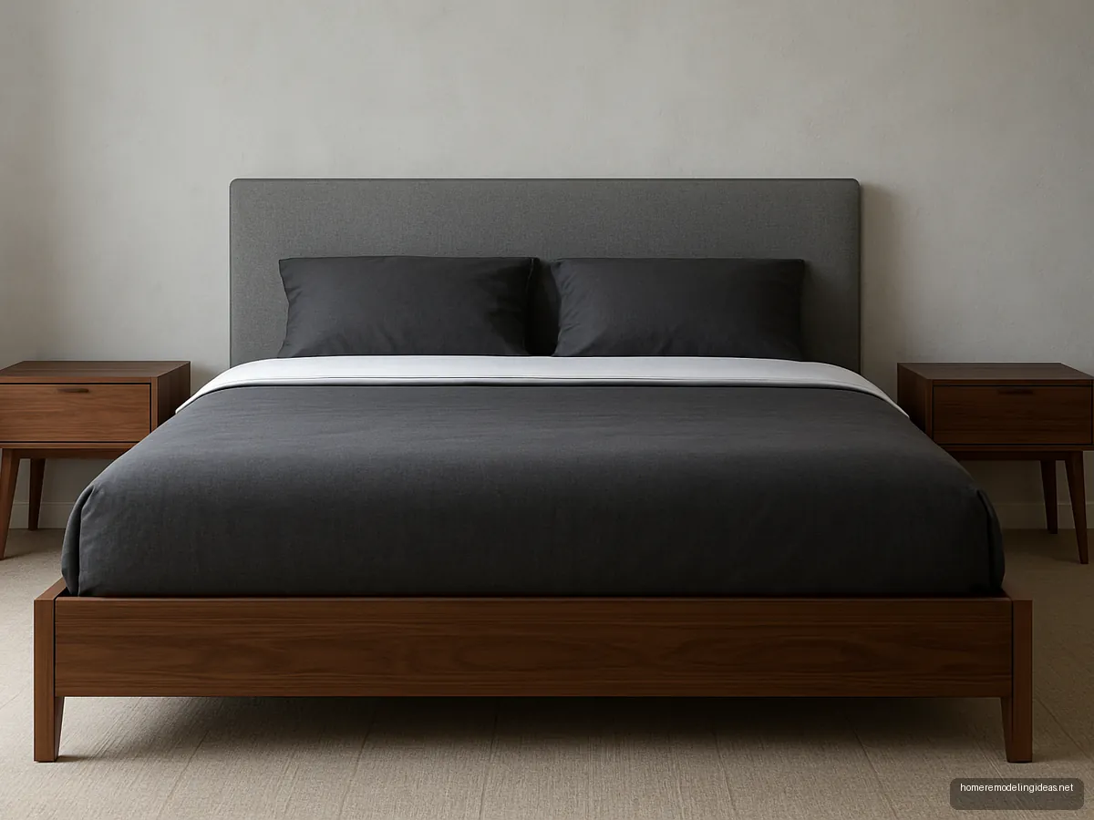 Two-tone bed with walnut base and grey upholstered headboard, walnut side tables