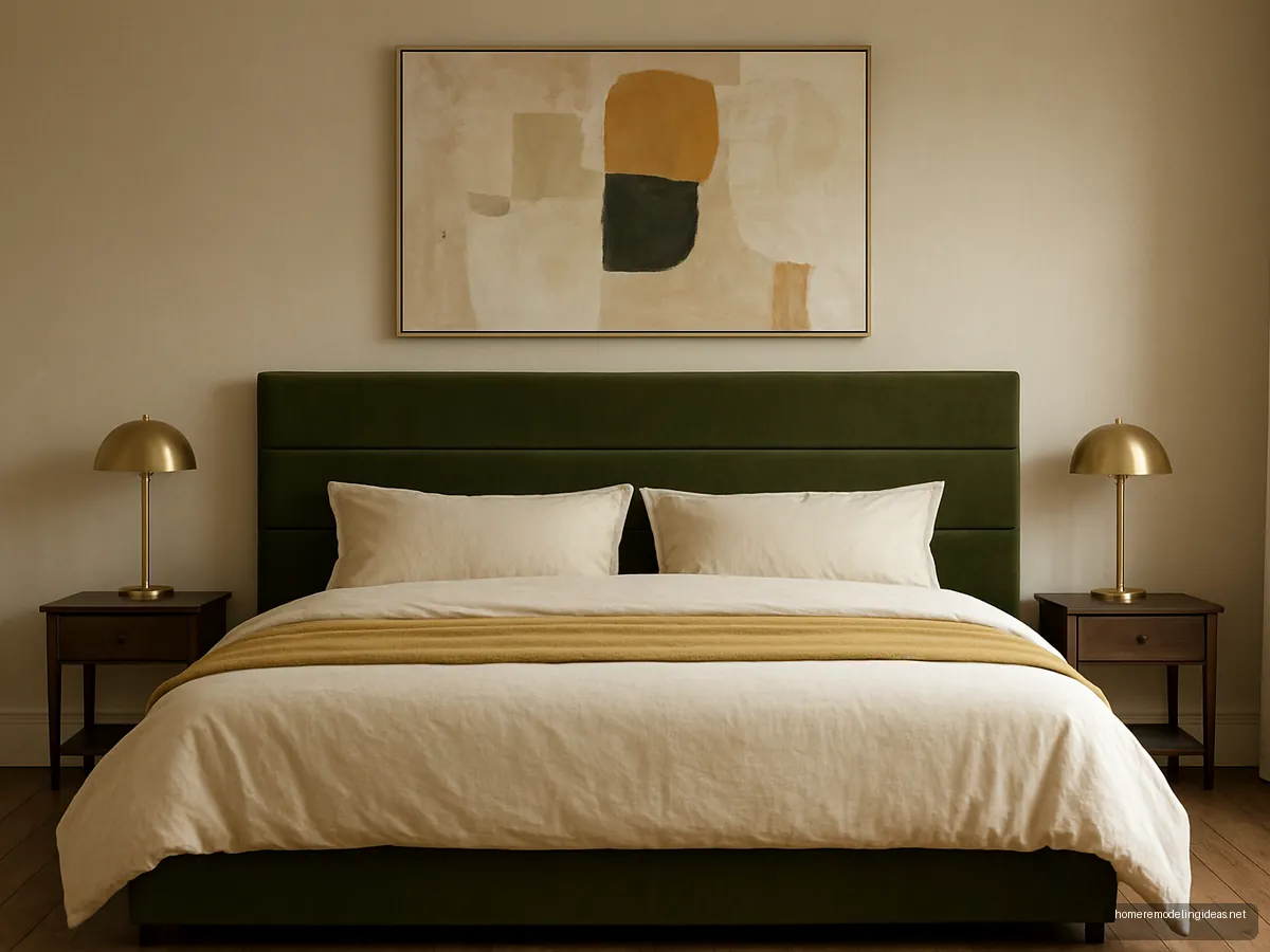 King bed with olive velvet horizontal panel headboard, mustard accents and brass lamps