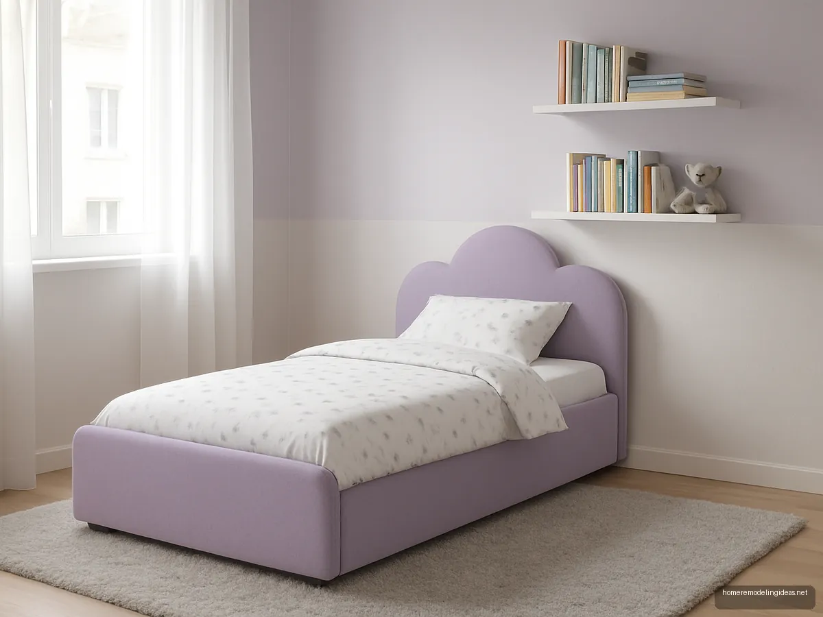 Low rounded single bed with cloud headboard in lavender upholstery in a kids room