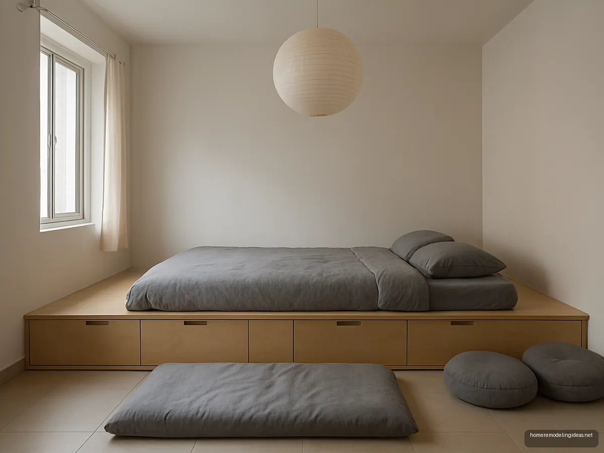 Raised birch plywood platform with drawers and floor mattress in a small guest room