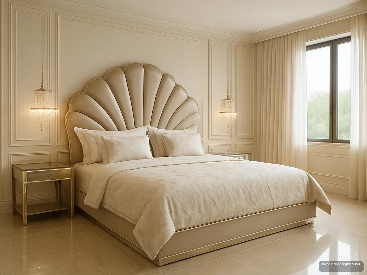 Luxury king bed with shell-shaped champagne headboard, mirrored base and crystal pendants