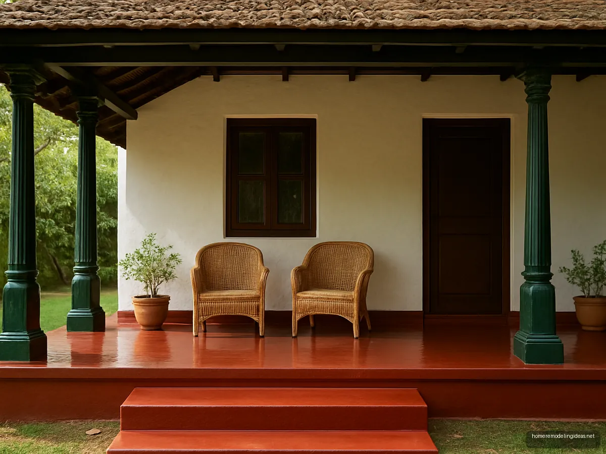 Restored verandah with red oxide floor, green wooden pillars and cane chairs