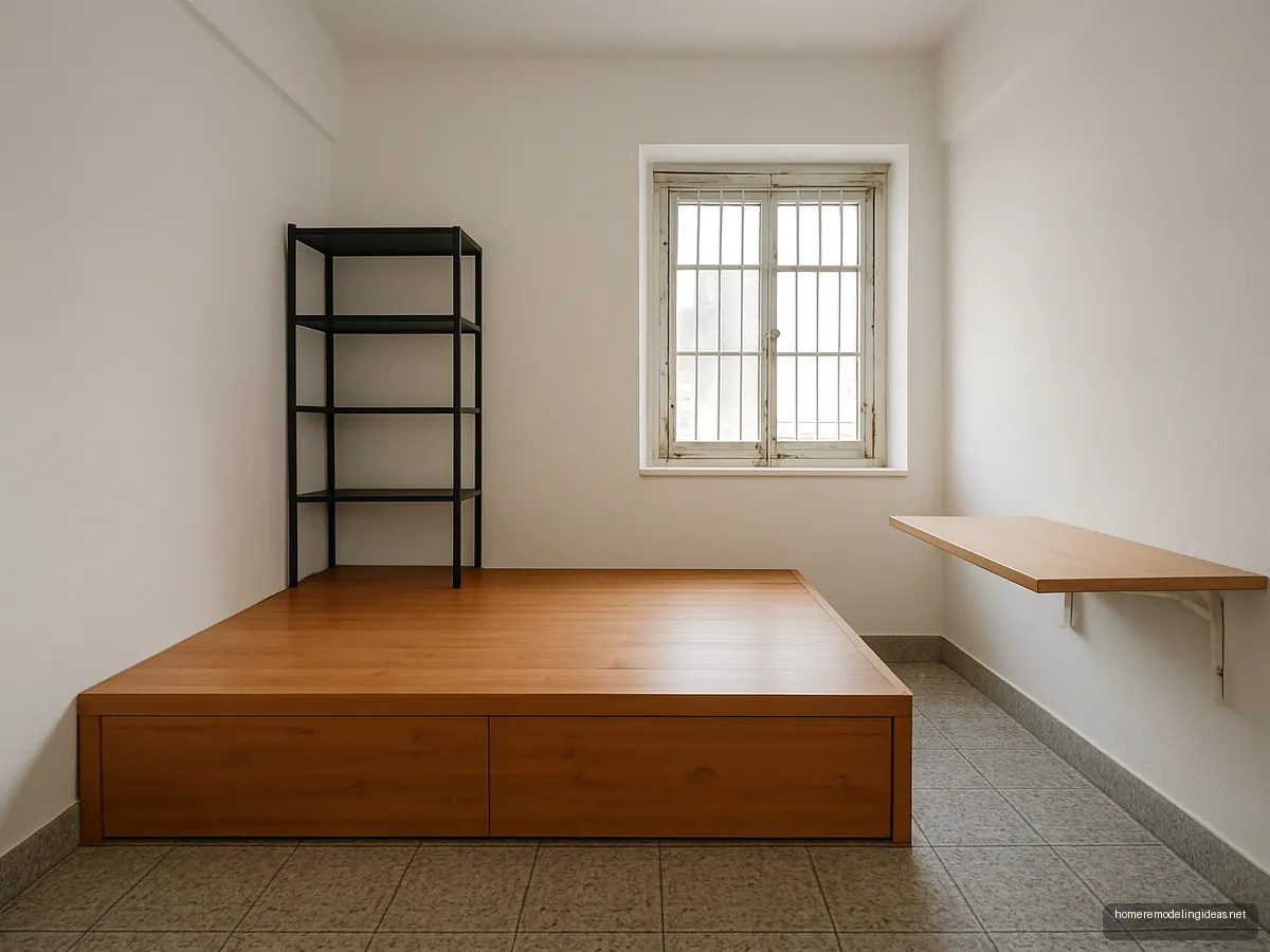 Small renovated one-room flat with raised storage bed platform and white walls