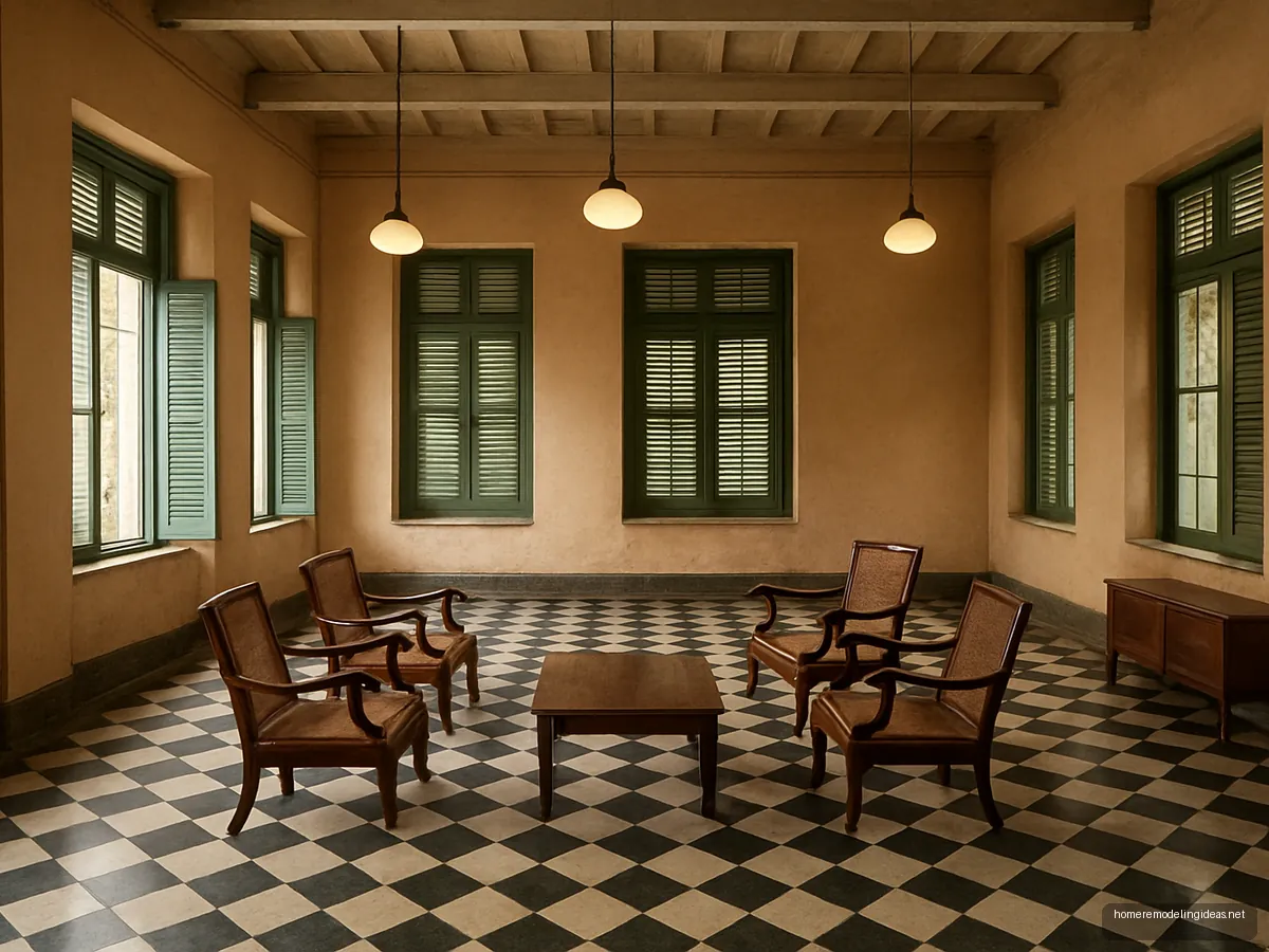 High-ceiling Kolkata living room with louvred windows and chequered mosaic floor