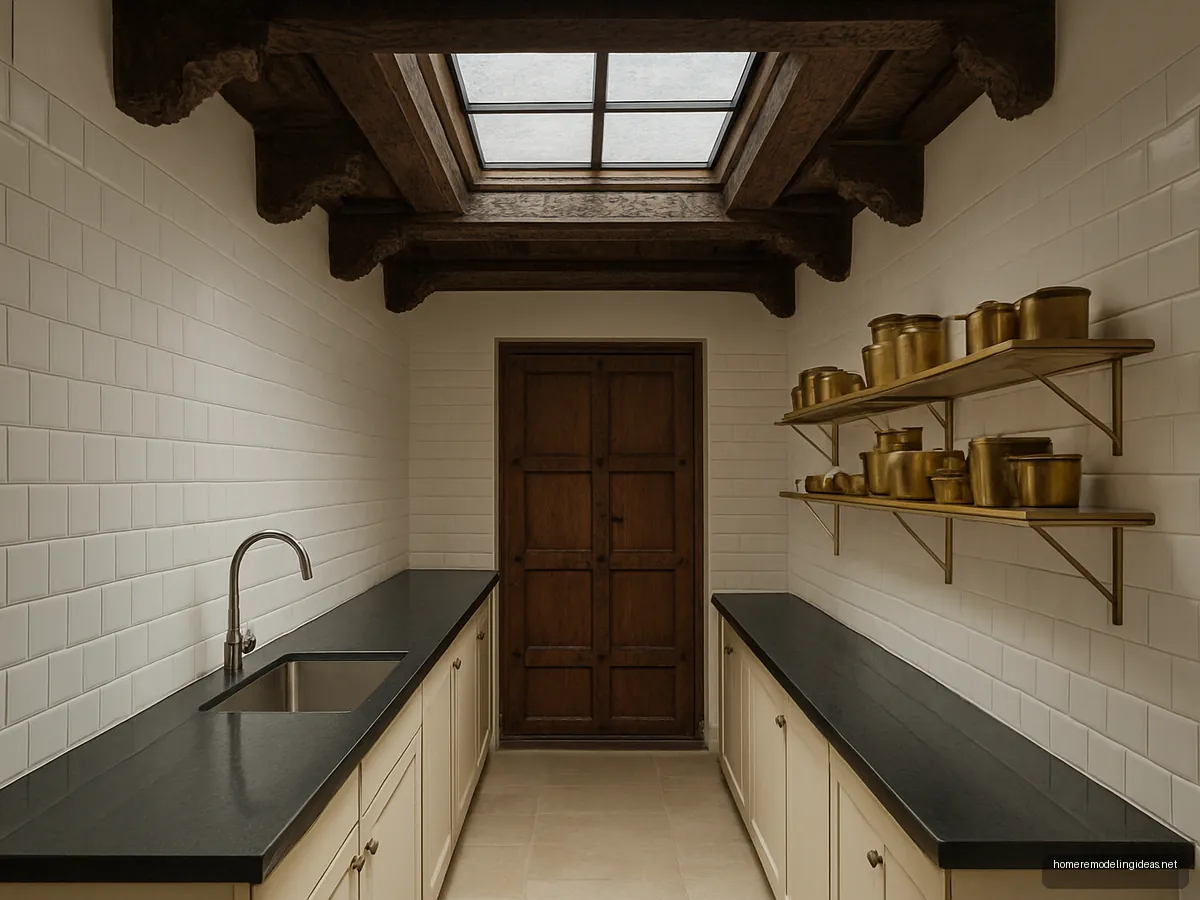 Narrow old house kitchen with skylight, white tiles and brass shelves