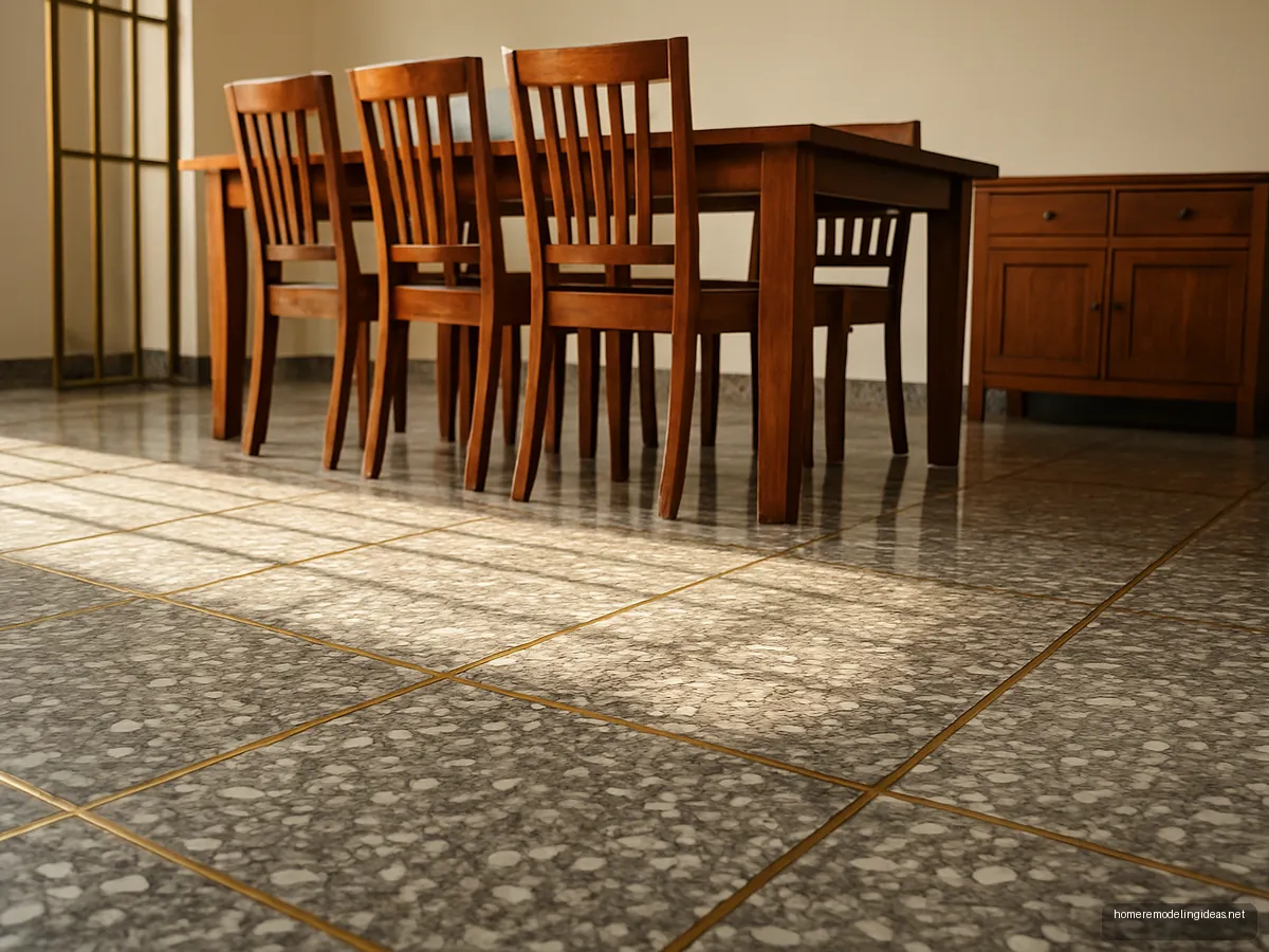 Polished old mosaic floor in a dining room with sheesham table