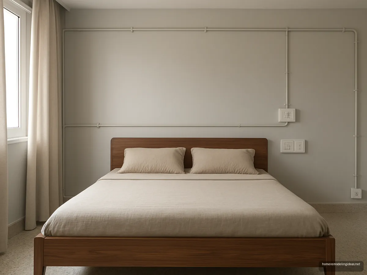 Old flat bedroom with neat painted surface conduits and walnut bed