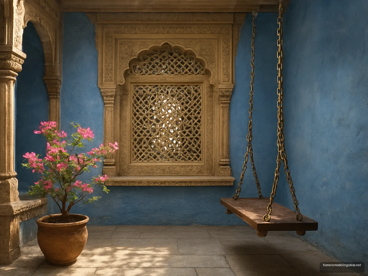 Courtyard with sandstone jaali screen, blue walls and wooden swing