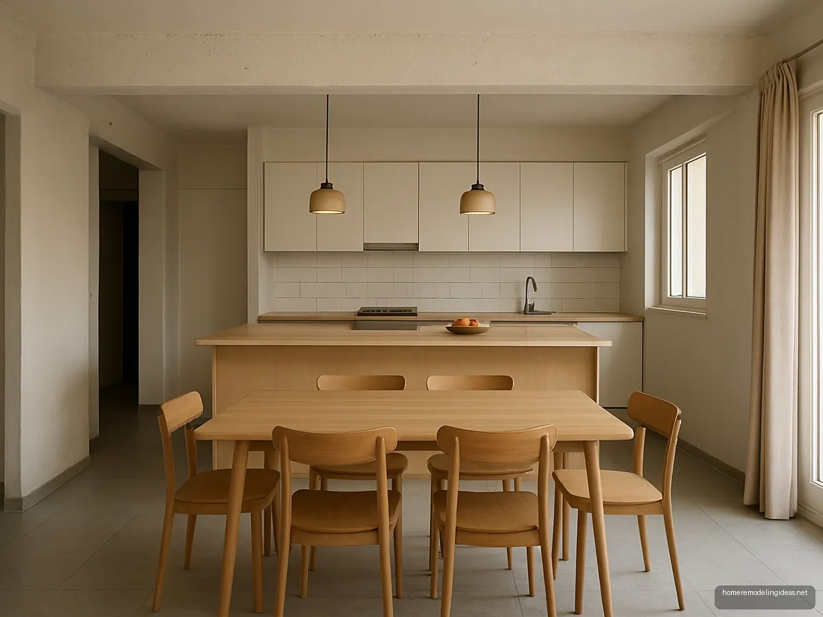 Opened up kitchen and dining with exposed white beam and oak counter