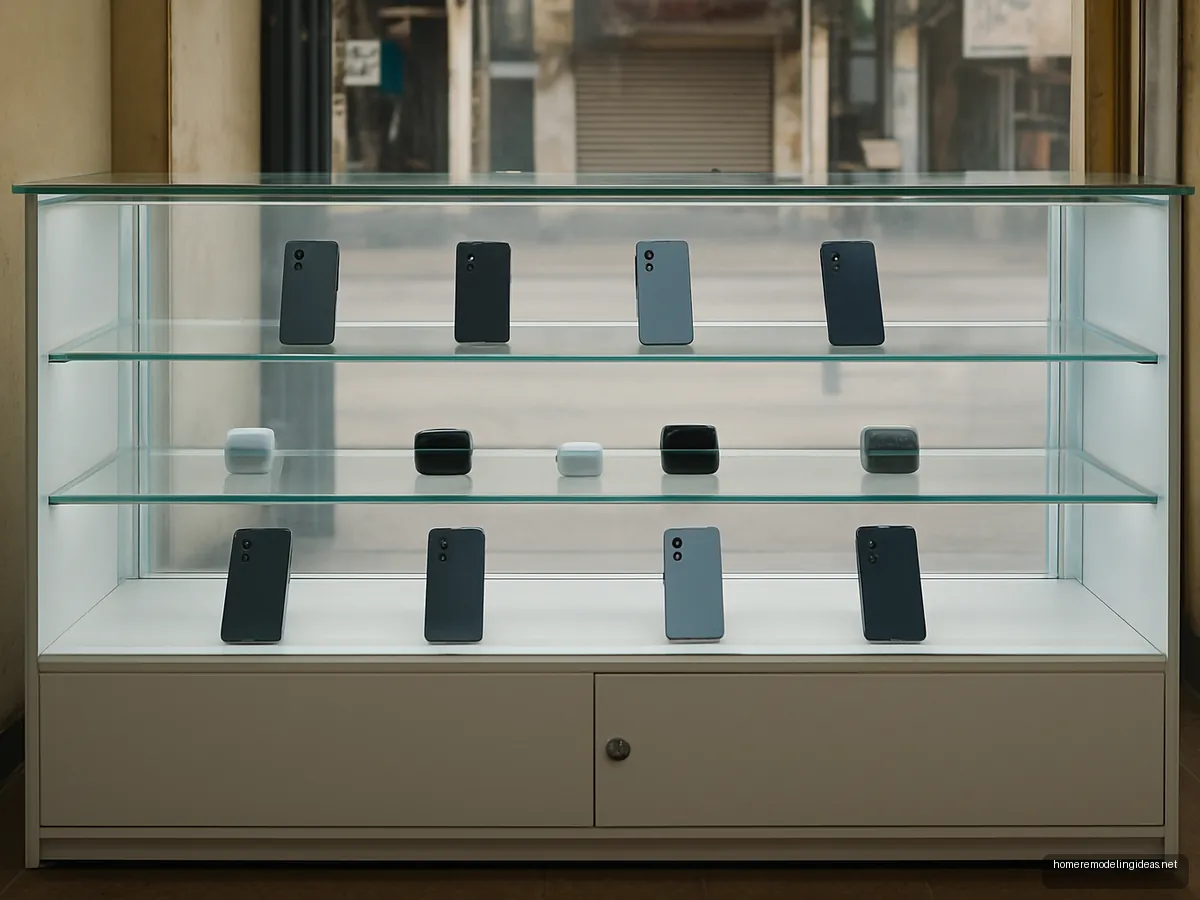 Glass display counter with lit shelves in a mobile shop