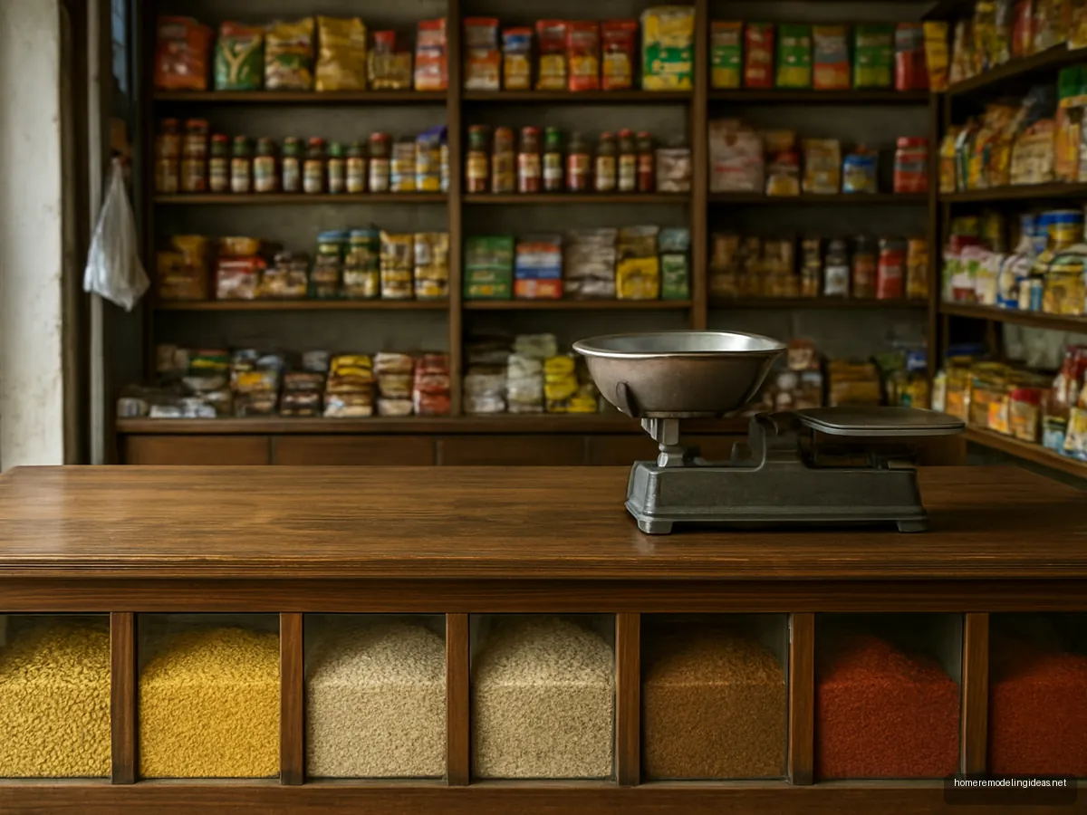 Kirana store counter with glass front bulk bins