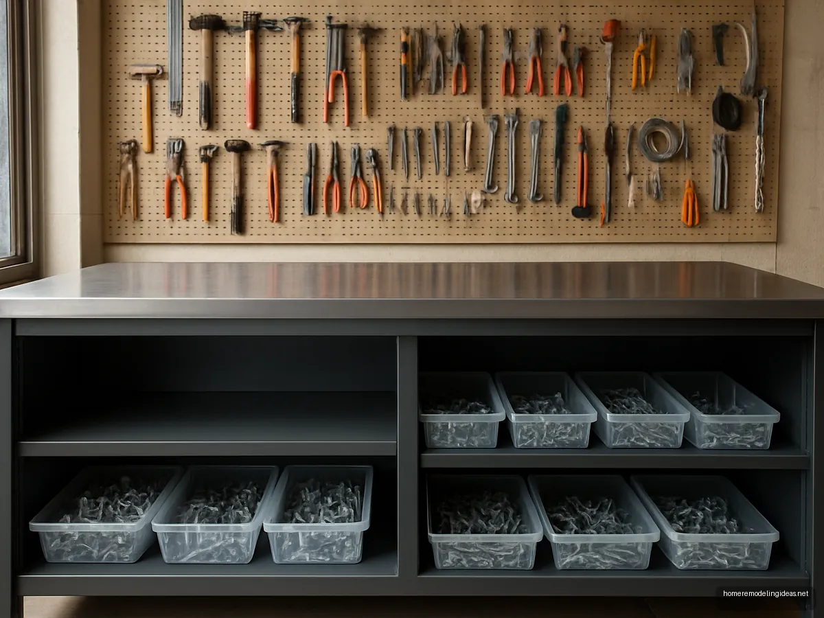 Steel top hardware shop counter with tool wall behind
