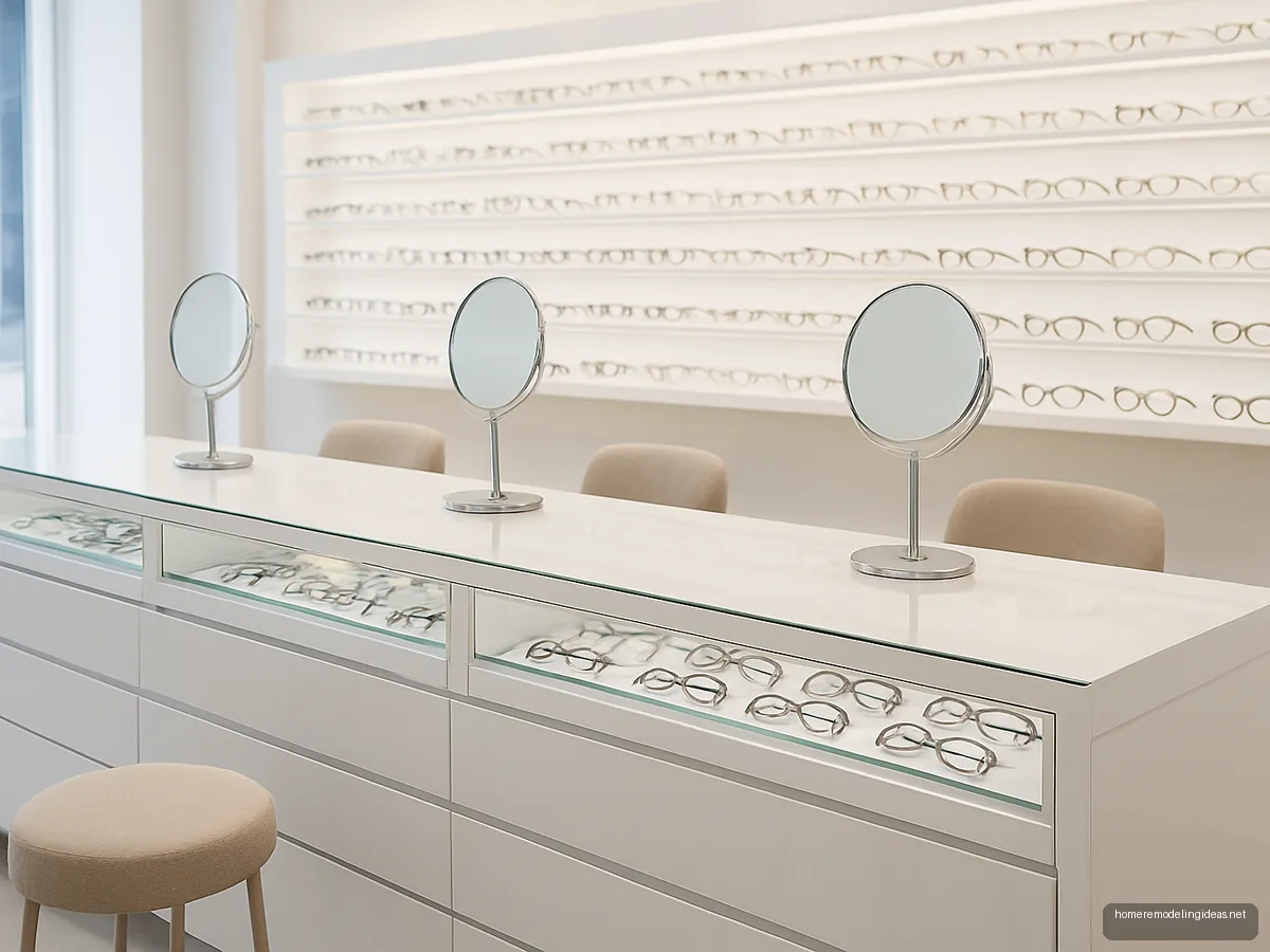 White gloss optical counter with frame drawers and mirrors