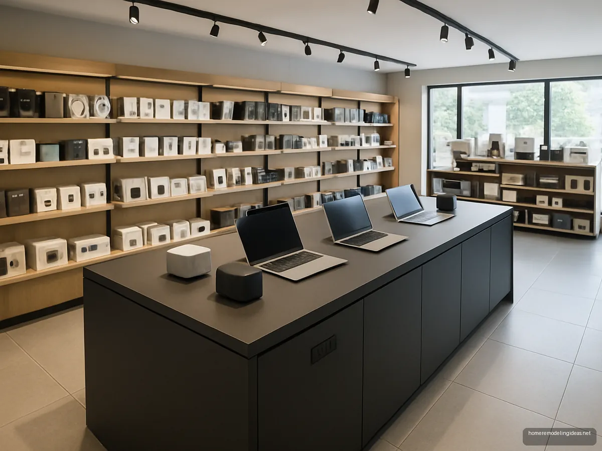 Black island counter with laptops in electronics shop