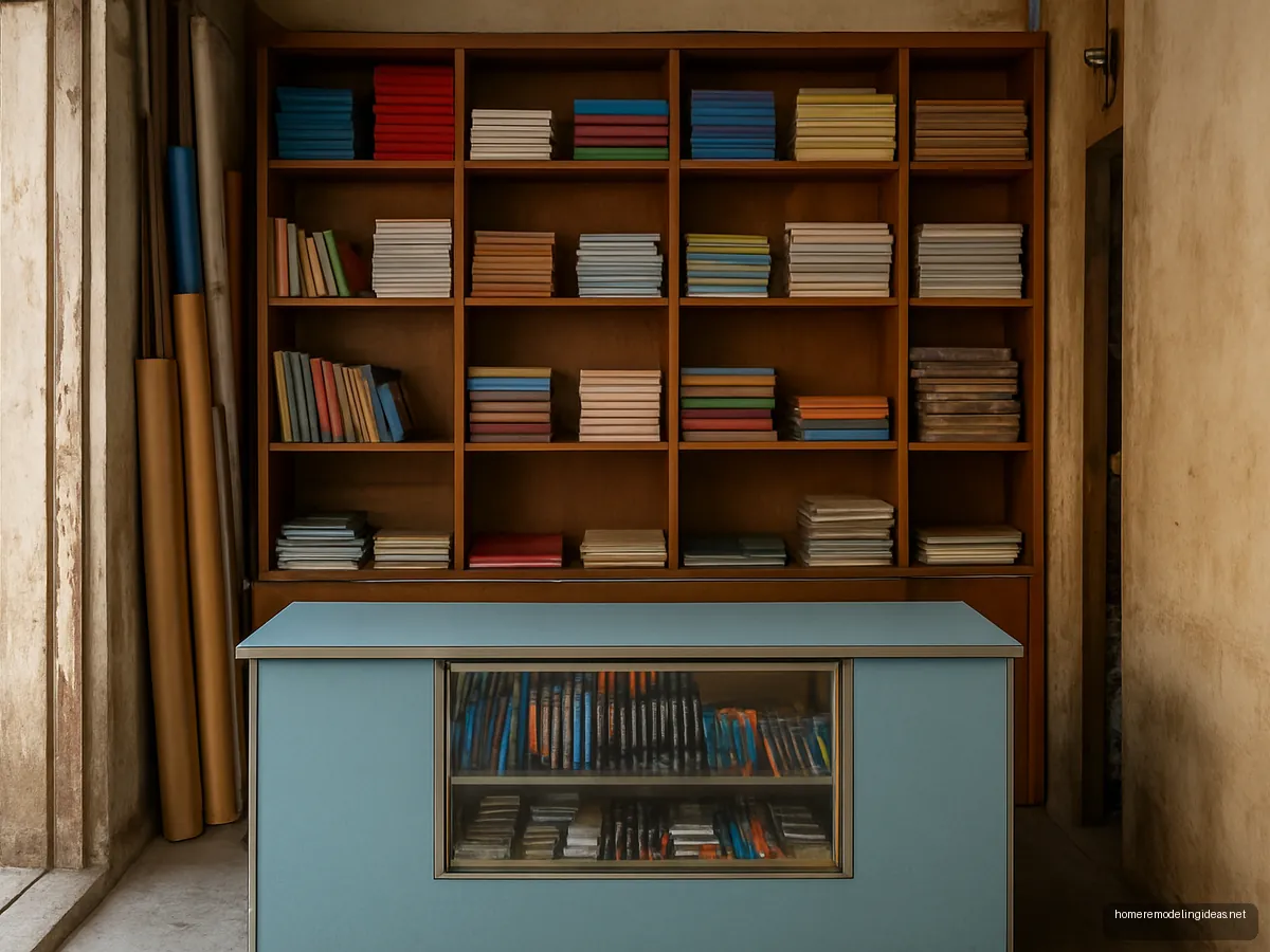 Compact blue stationery counter with pigeonholes