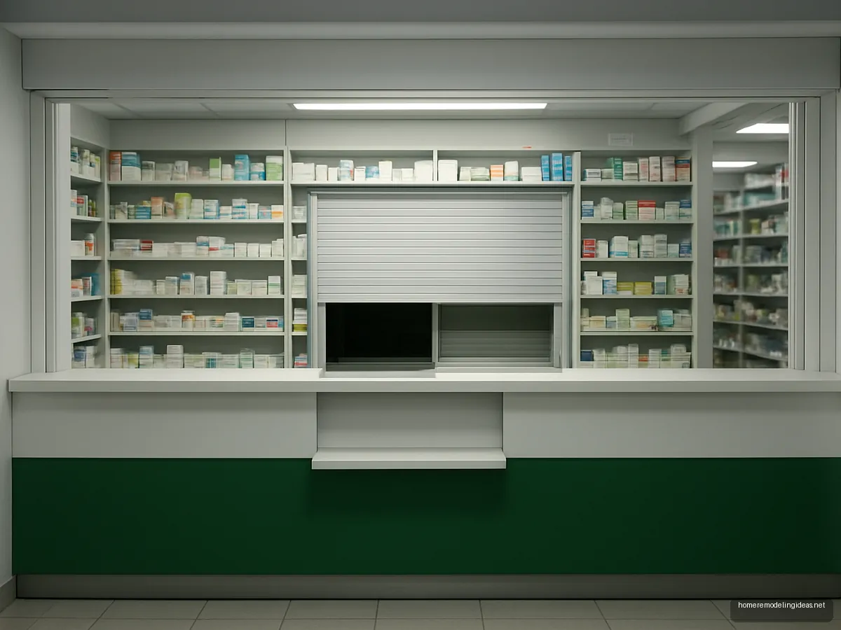 White and green pharmacy counter with service window