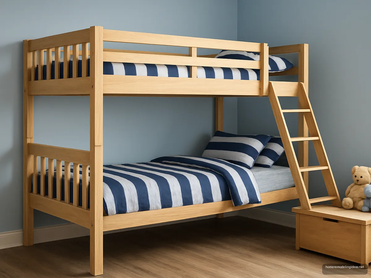 Natural wood bunk bed with full guard rails and angled ladder in a sky blue kids room