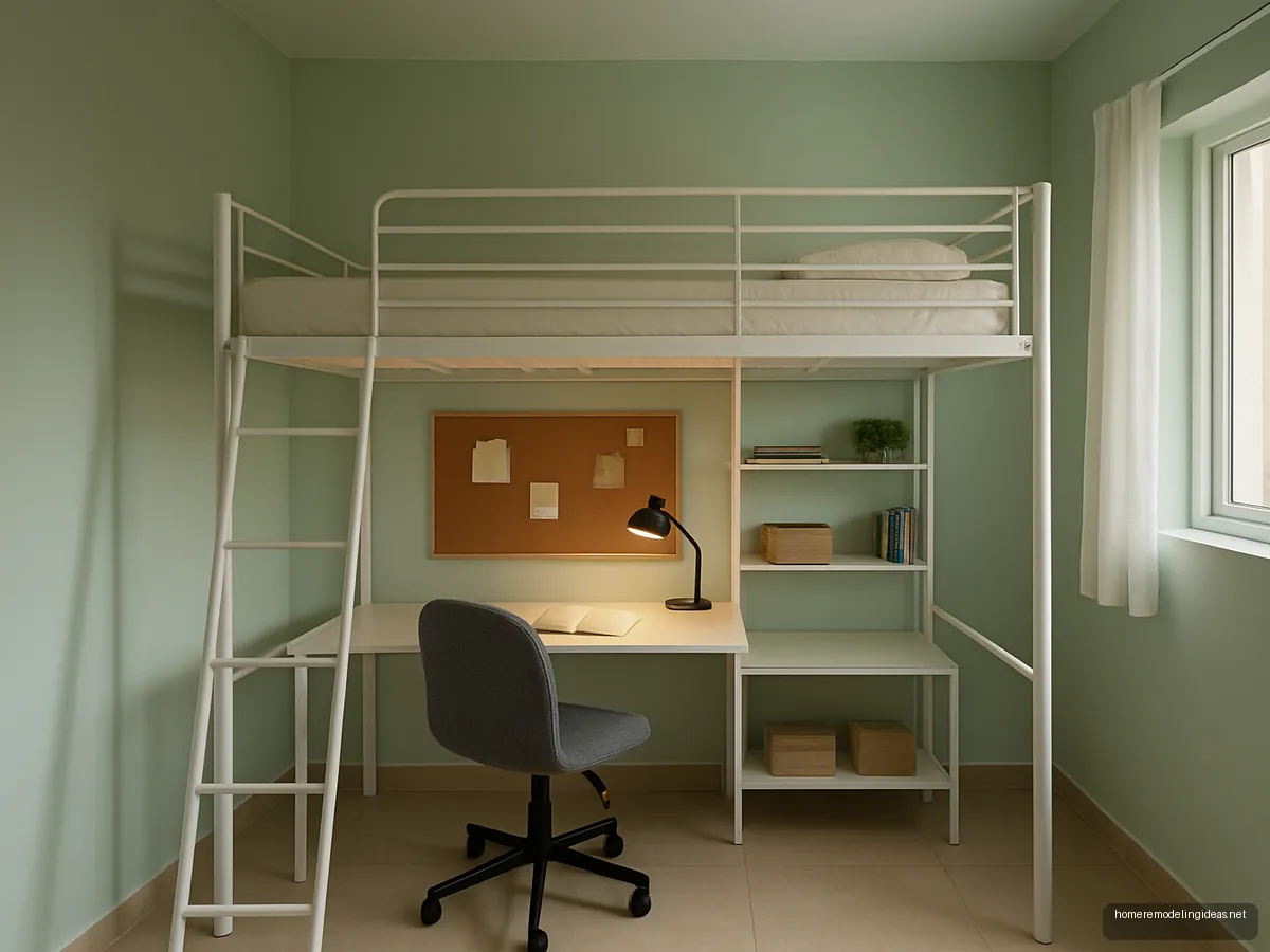 White metal loft bed with study desk below in a mint green teen bedroom