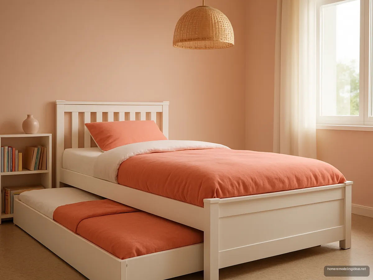 White single bed with pull-out trundle in a peach girls bedroom with coral bedding