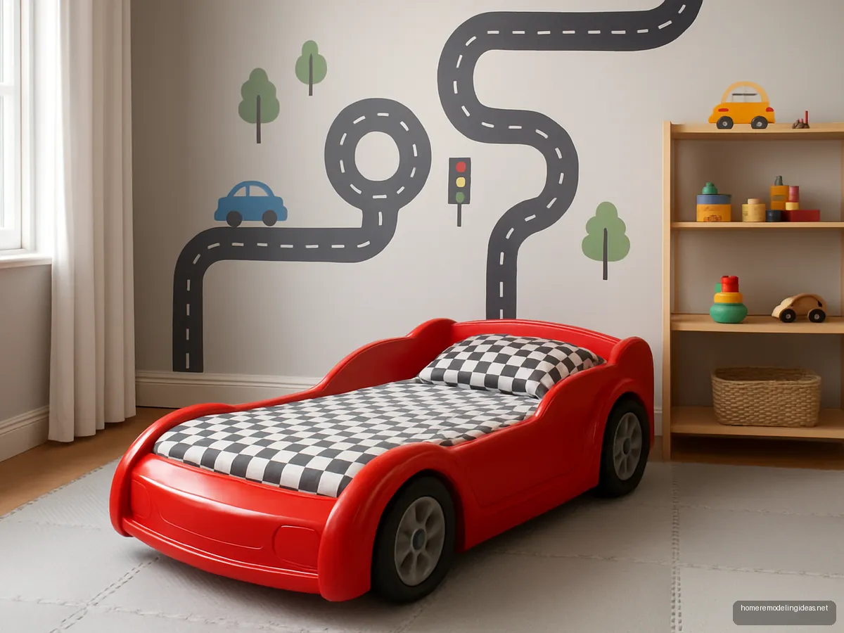 Low red car-shaped toddler bed in a light grey playroom with toy shelves