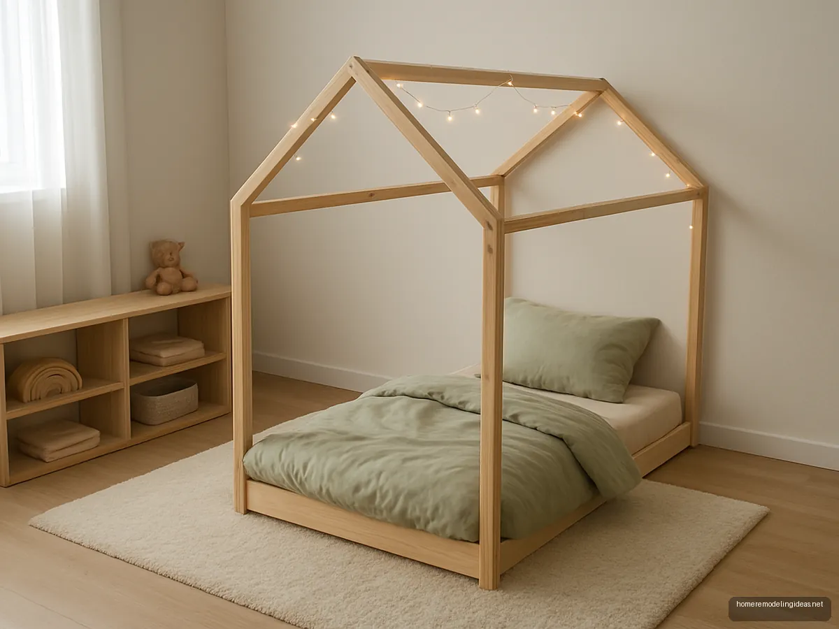 Pine house-shaped Montessori floor bed with string lights in a white nursery