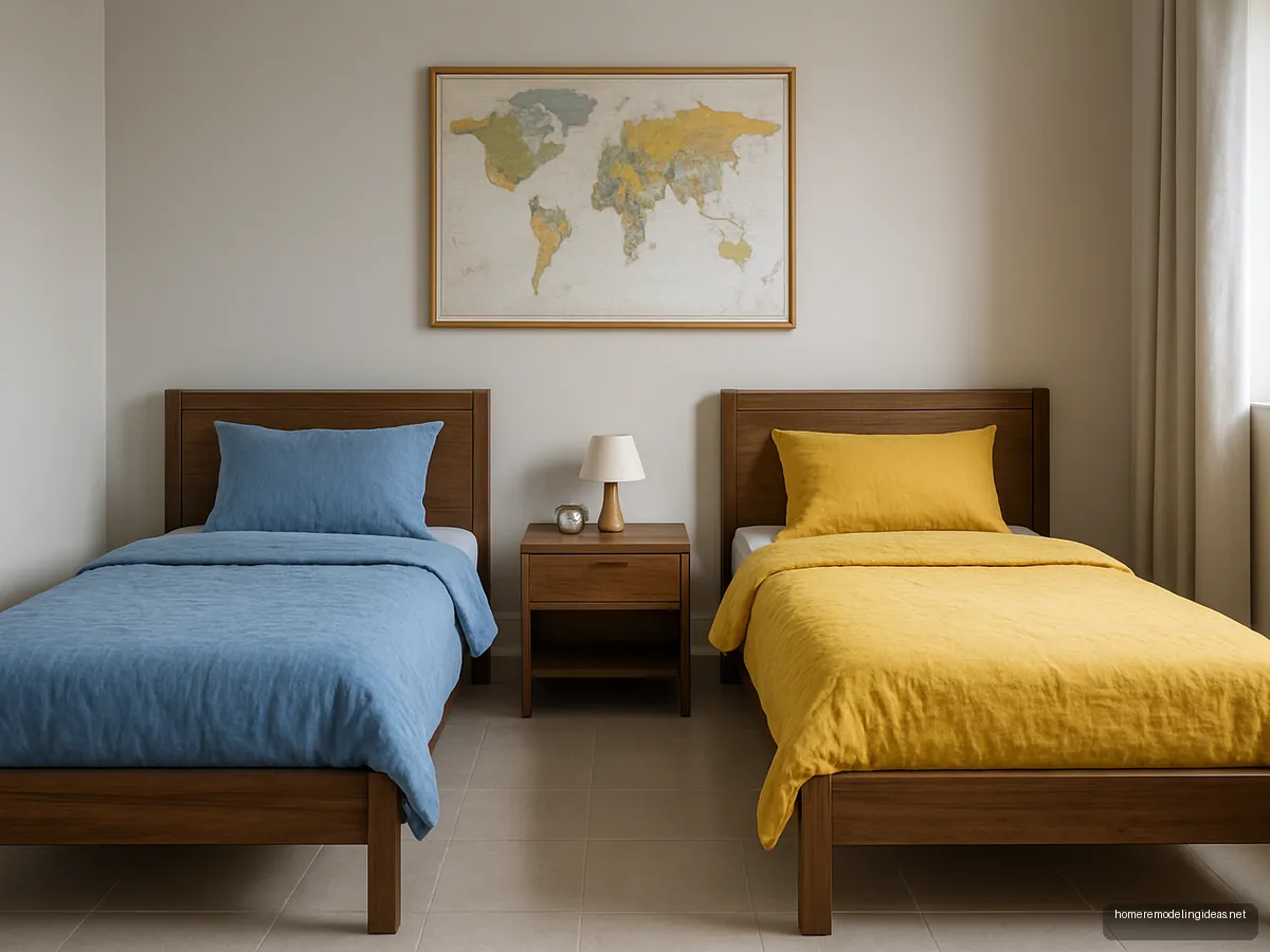 Two walnut single beds with blue and yellow bedding and a shared bedside table
