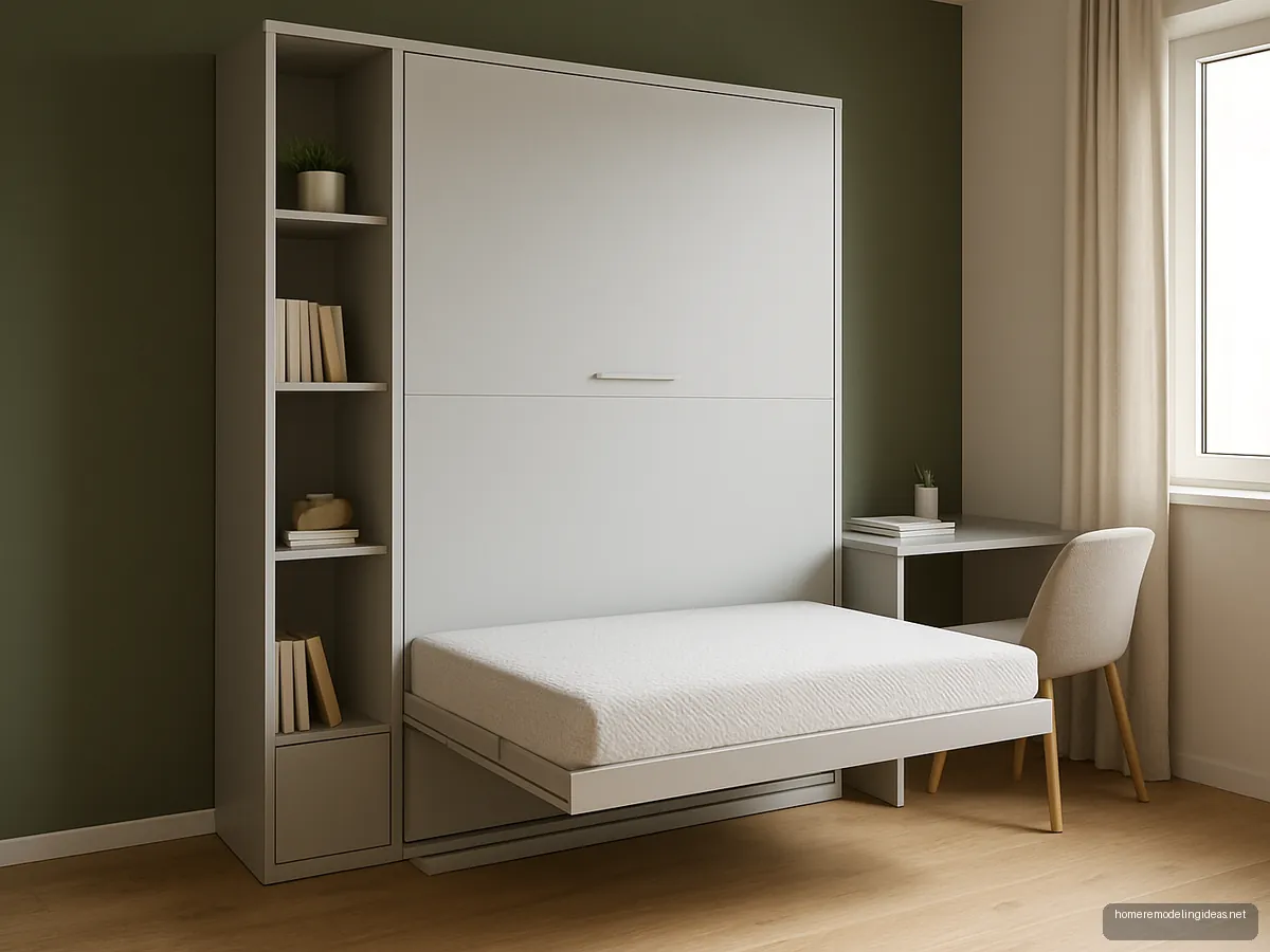 Single wall bed folding down from a grey cabinet with side shelves in a study room
