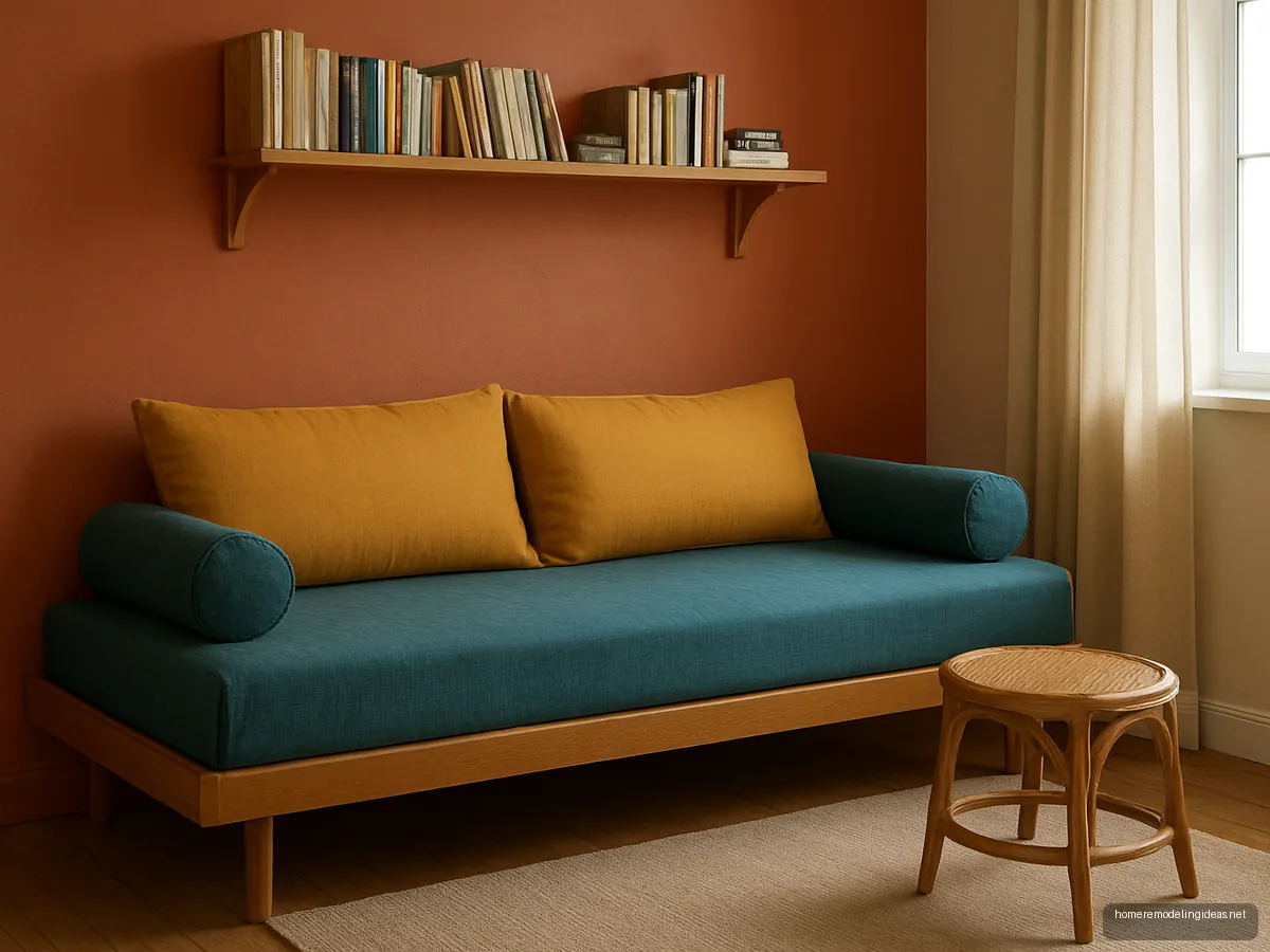 Single daybed against a terracotta wall with mustard and teal cushions and bolsters