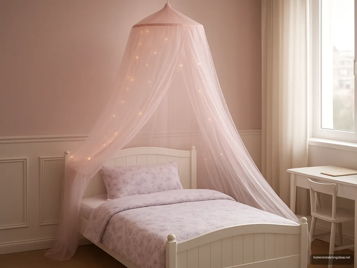 White single bed with pink tulle canopy and lilac floral bedding in a pastel girls room