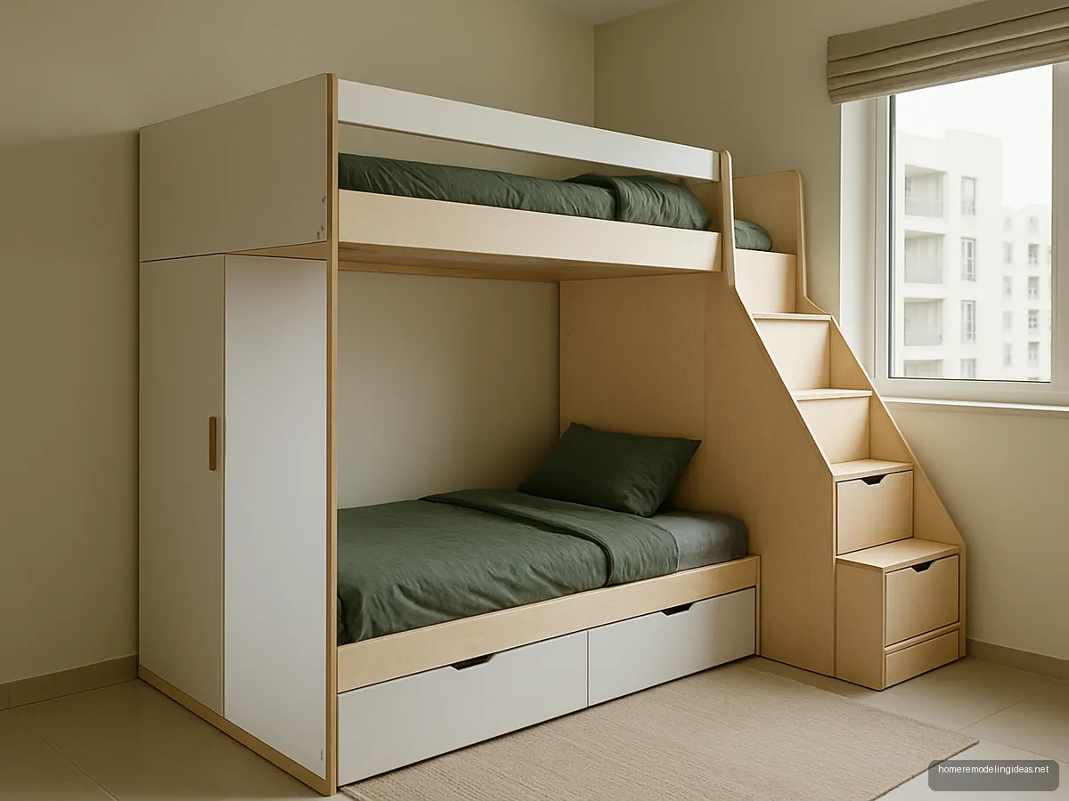 L-shaped corner bunk in white and birch with wardrobe and stair drawers
