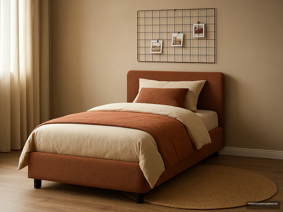 Low rust upholstered single bed with photo grid on a beige wall in a teen room