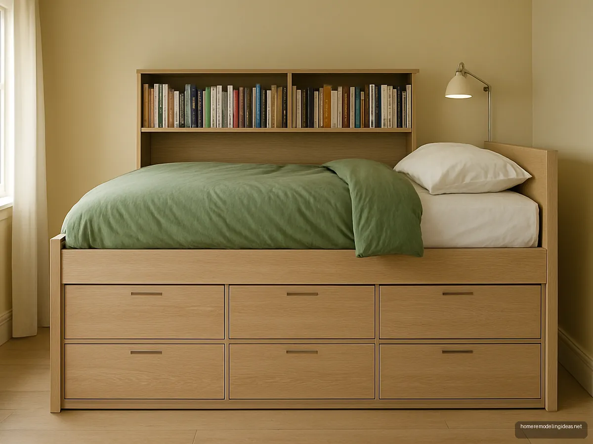 Raised white oak captain bed with drawers and a bookshelf headboard