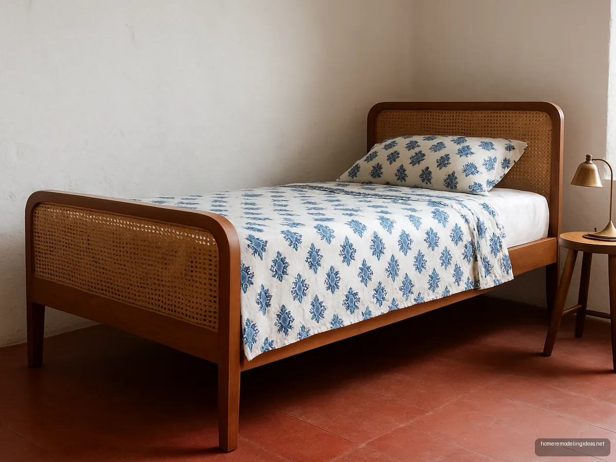 Cane and teak single bed with indigo dabu print bedding in a whitewashed guest room