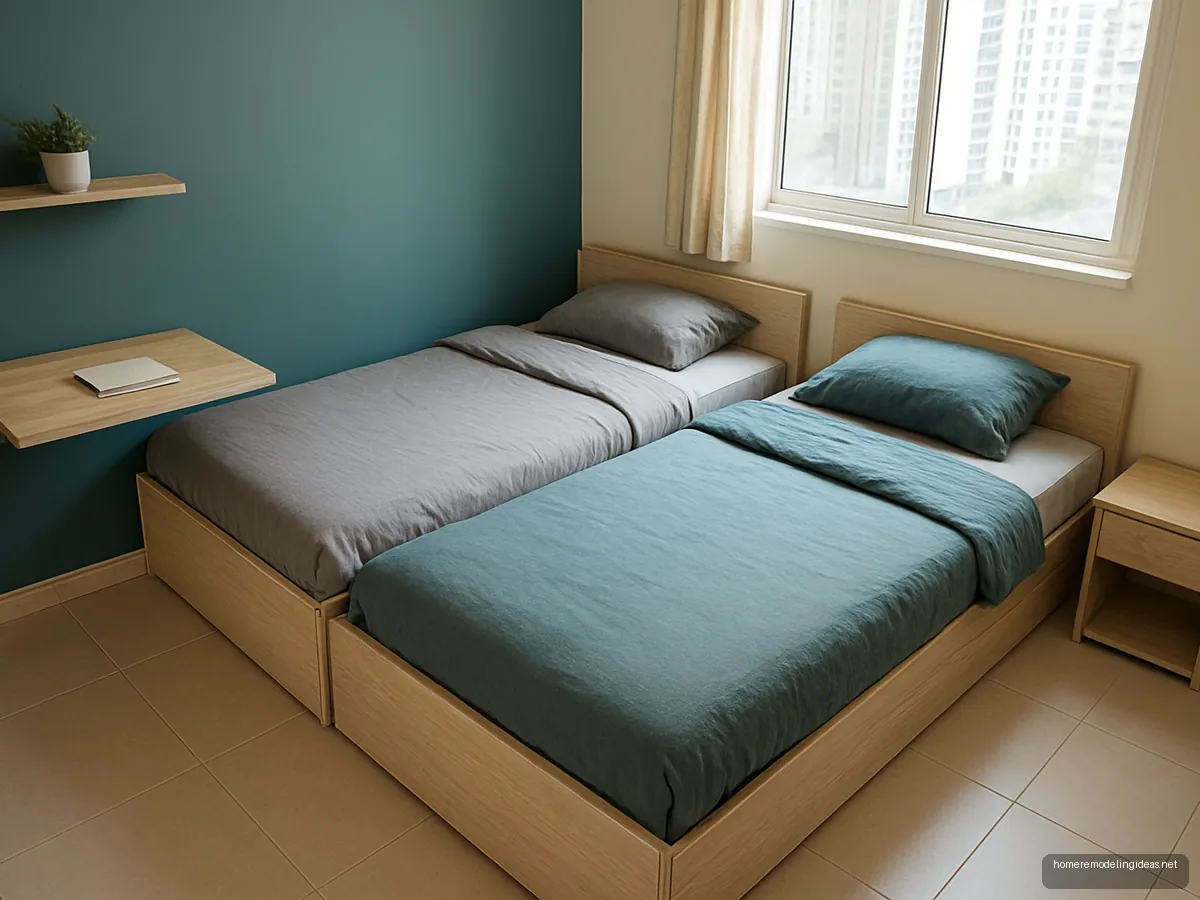 Light ash pull-out twin bed extended into two singles in a tiny teal room