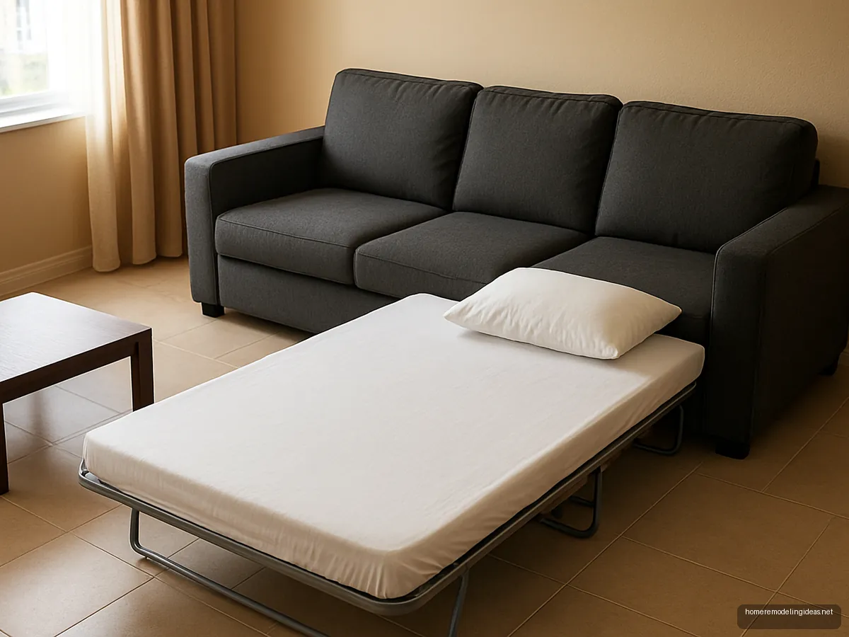 Charcoal pull-out sofa cum bed extended with white sheet