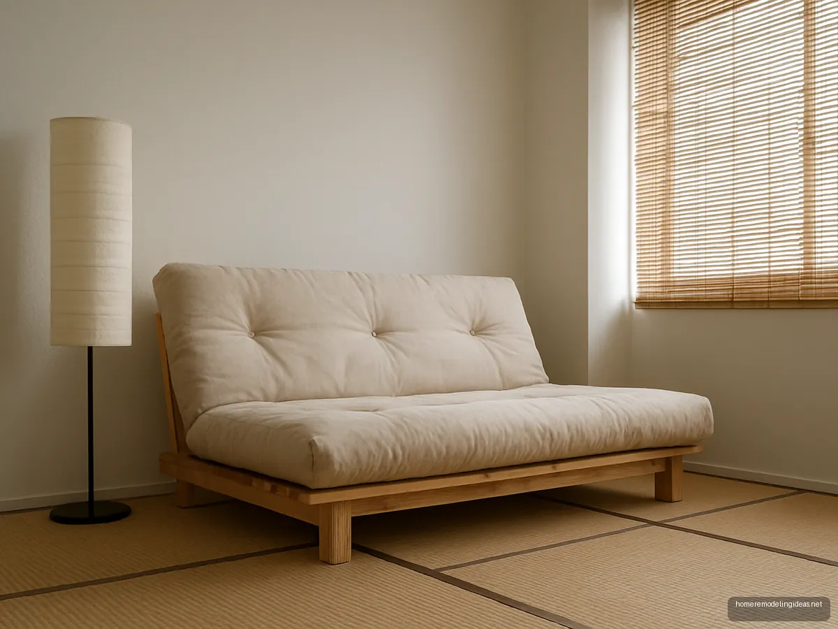 Low pine futon with oatmeal cotton mattress in a minimal den