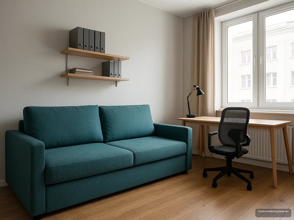 Teal sofa bed in a guest room that doubles as office